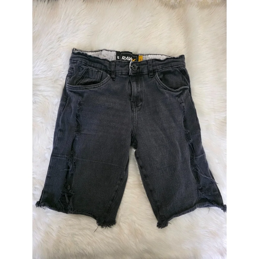 RAWX Boys 18 Slim Black Distressed Denim Jean Shorts Frayed Hem